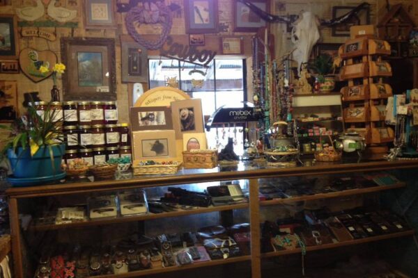 shelves of rustic gifts at OK Trading Post